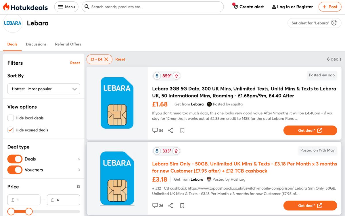 HotUKDeals 上的 Lebara 套餐示例